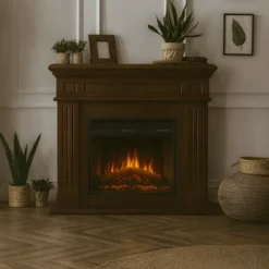 Camino Elettrico da Pavimento 1800W Legno MDF Noce per Soggiorno