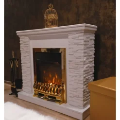 Camino Elettrico Moderno Bianco 2000W Effetto Pietra Finiture Oro