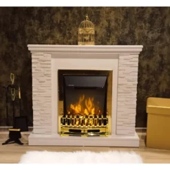 Camino Elettrico Moderno Bianco 2000W Effetto Pietra Finiture Oro