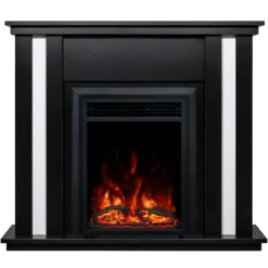 Camino Elettrico Nero con Inserti Bianchi 1500W Classico con Fiamma LED
