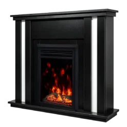 Camino Elettrico Nero con Inserti Bianchi 1500W Classico con Fiamma LED