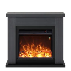 Camino Elettrico Ventilato con Cornice in Legno Grigio Fiamma Finta a Led