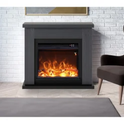 Camino Elettrico Ventilato con Cornice in Legno Grigio Fiamma Finta a Led