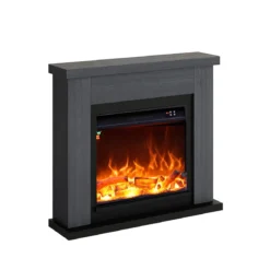 Camino Elettrico Ventilato con Cornice in Legno Grigio Fiamma Finta a Led
