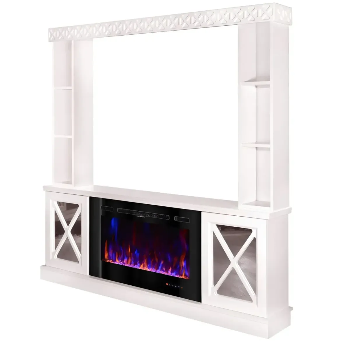 Camino Elettrico 1500W Bianco con Scaffale Portaoggetti Specchiato Moderno