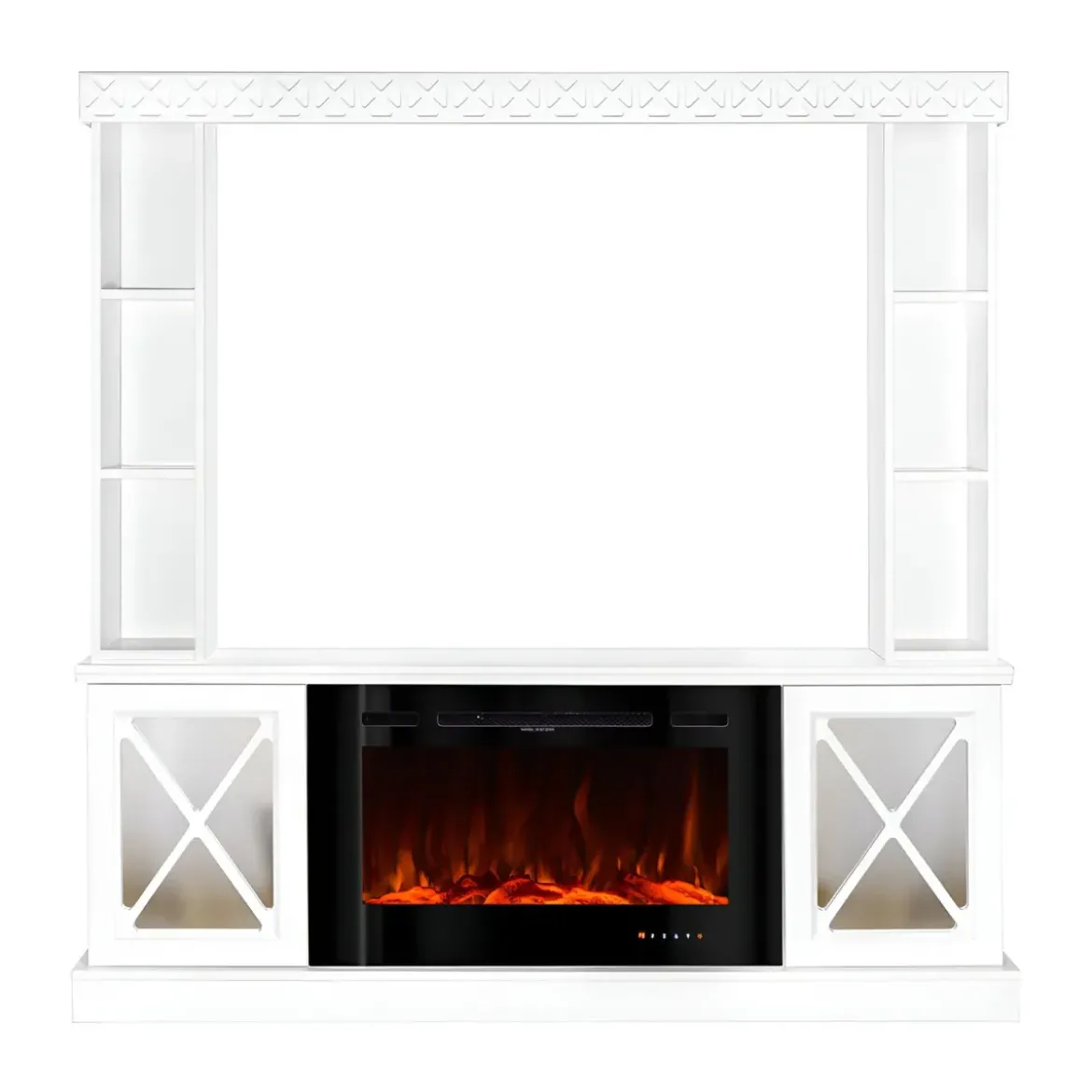 Camino Elettrico 1500W Bianco con Scaffale Portaoggetti Specchiato Moderno