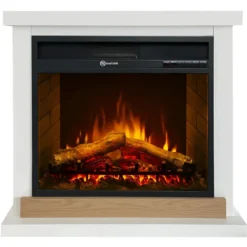 Camino Elettrico 1800W Bianco da Pavimento Legno Fiamma Realistica