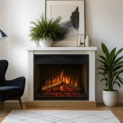 Camino Elettrico 1800W Bianco da Pavimento Legno Fiamma Realistica