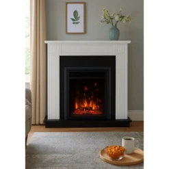 Camino Elettrico 1500W Cornice Decorativa Bianco e Nero Fiamma LED