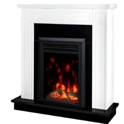 Camino Elettrico 1500W Cornice Decorativa Bianco e Nero Fiamma LED