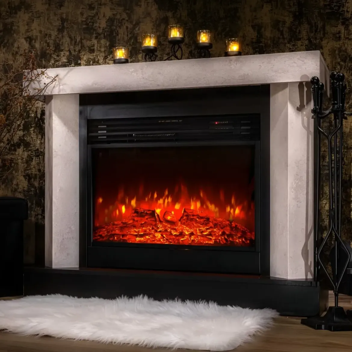 Camino Elettrico 1950W da Appoggio Effetto Fiamma Suono Legna Beige