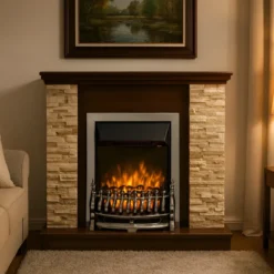 Camino Elettrico 2000W in Legno e Pietra da Salotto Classico Noce Rustico