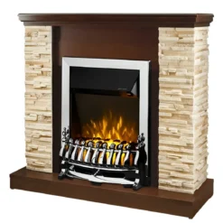 Camino Elettrico 2000W in Legno e Pietra da Salotto Classico Noce Rustico