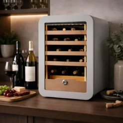 Cantinetta Vino 36 Bottiglie 5 Ripiani in Legno Classe G Grigio LED