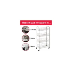 Carrellino Acciaio Bagno Cucina di Servizio Porta Oggetti Frutta Ruote 4 Ripiani