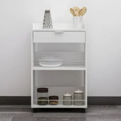 Carrello per Cucina Mobile Multiuso Ruote Bianco 1 Cassetto 2 Ripiani