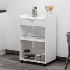 Carrello per Cucina Mobile Multiuso Ruote Bianco 1 Cassetto 2 Ripiani