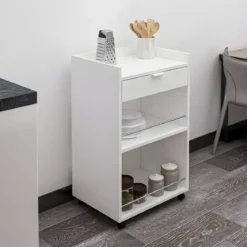 Carrello per Cucina Mobile Multiuso Ruote Bianco 1 Cassetto 2 Ripiani