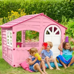 Casetta da Giardino per Bambini Rosa in Plastica Porta e Finestre Apribili