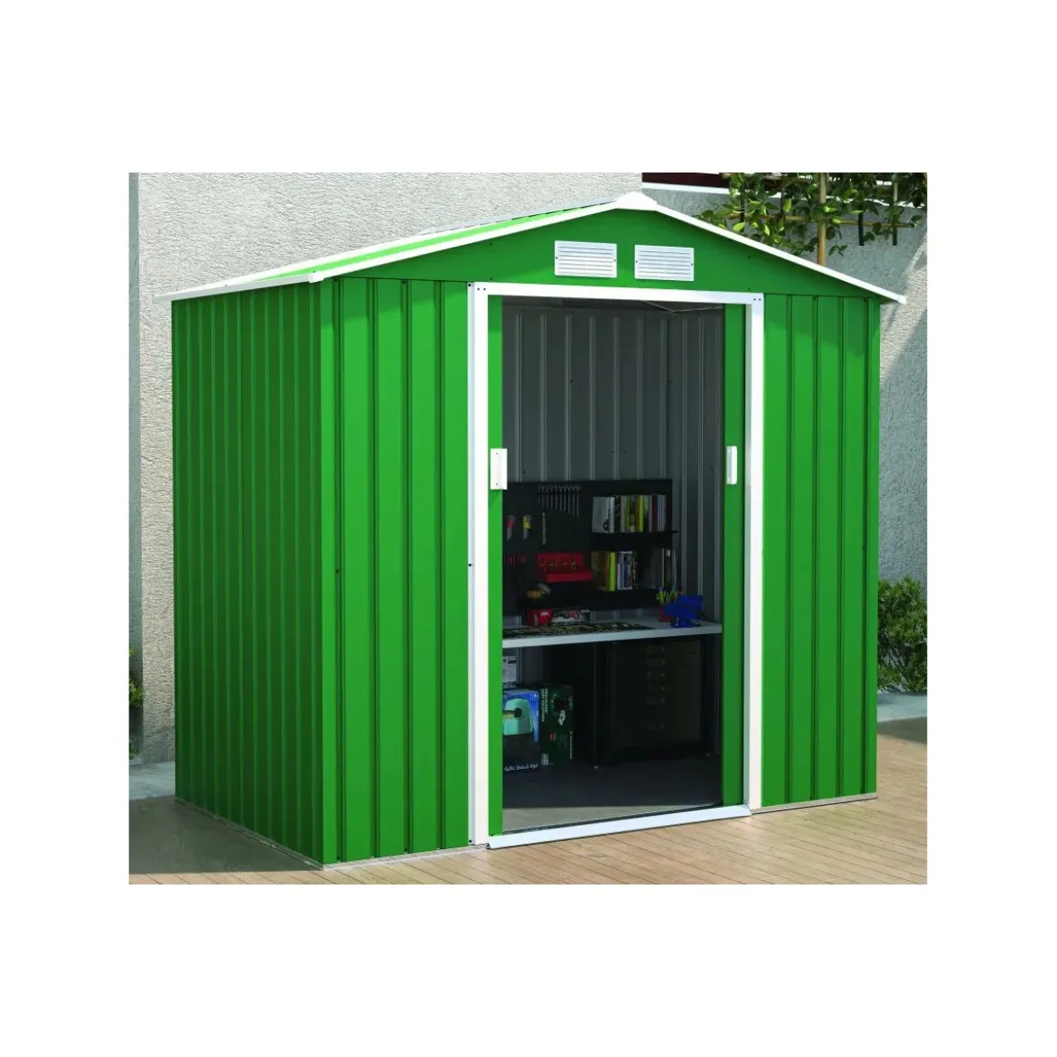 Casetta da Giardino Verde in Lamiera 213x131x195 cm Porta Attrezzi