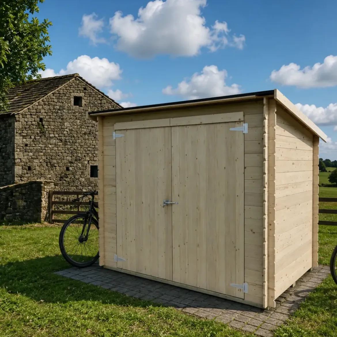 Casetta in Legno Addossata 218x130 cm con Porta Doppia e Pavimento