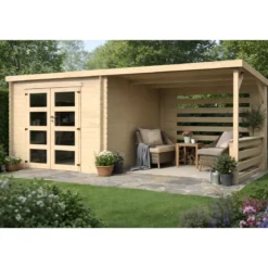 Casetta in Legno da Giardino 632×298 cm Doppia Porta a Vetri Portico
