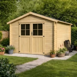 Casetta in Legno 34mm Grezzo da Giardino 3x3 Doppia Porta Vetrata