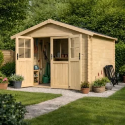 Casetta in Legno 34mm Grezzo da Giardino 3x3 Doppia Porta Vetrata