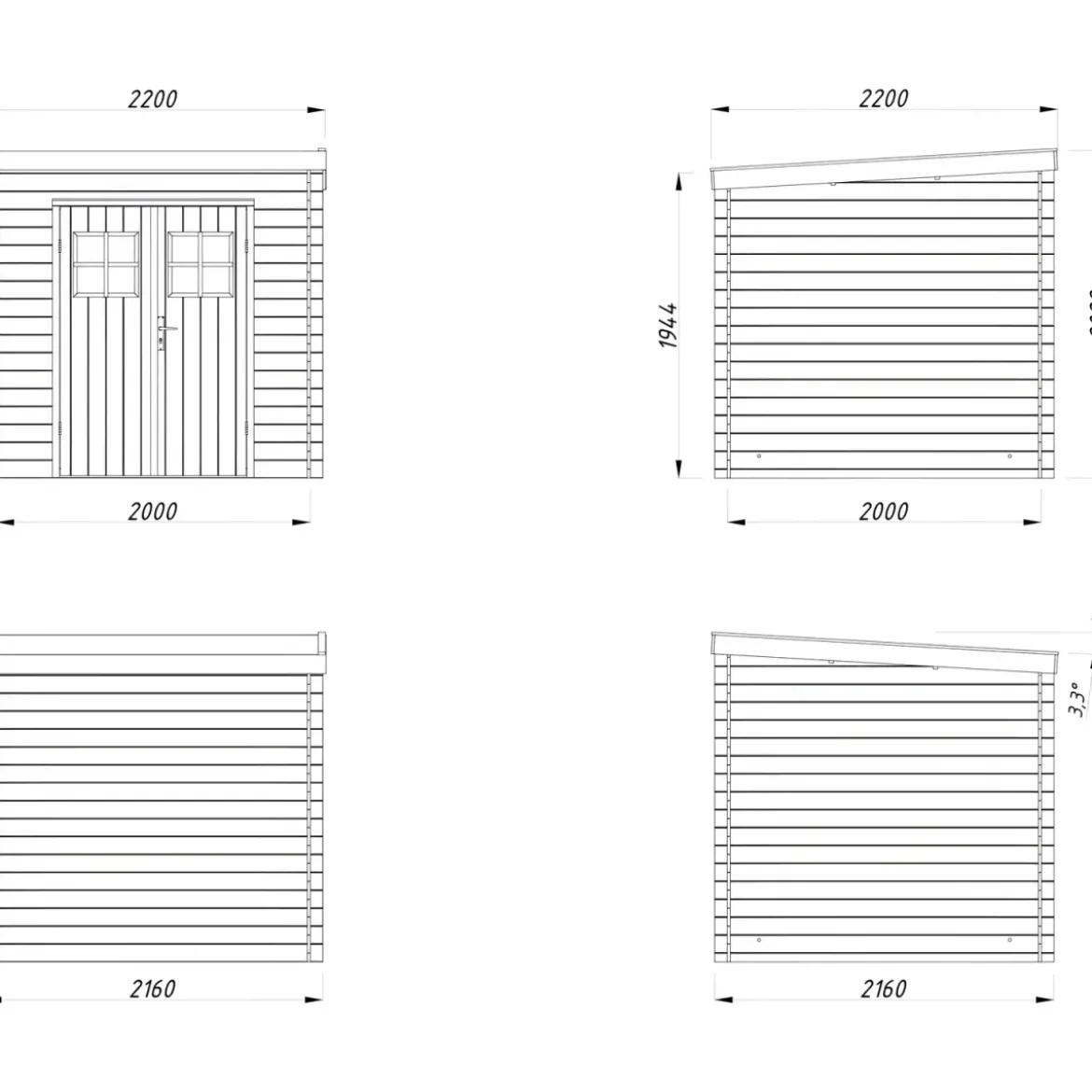 Casetta in Legno 19 mm 216x216 cm Blockhouse Tetto Perline Doppia Porta