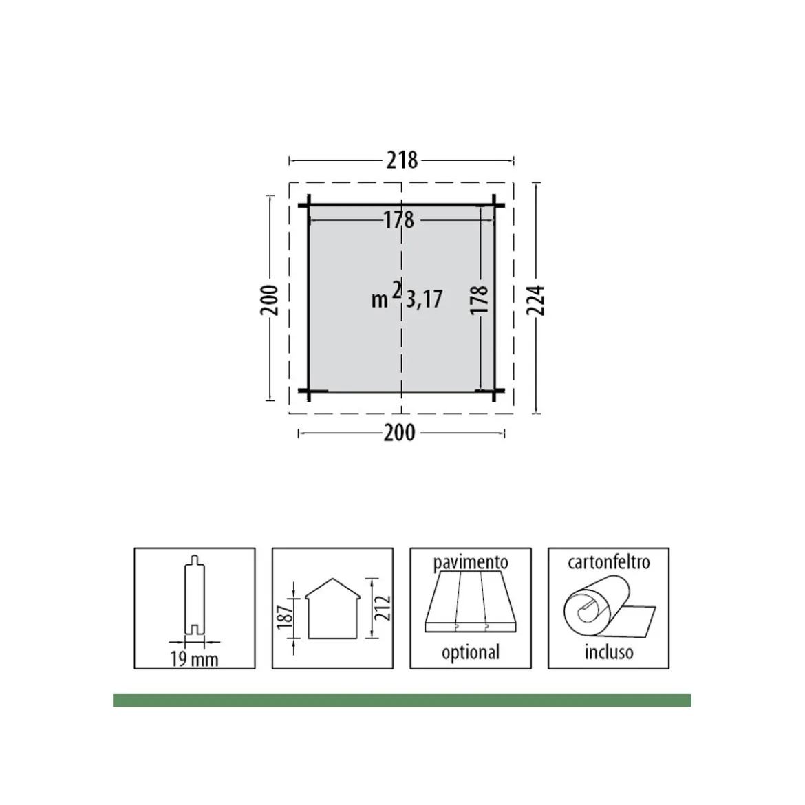 Casetta in Legno porta attrezzi 2x2 19mm superfice interna 3mq