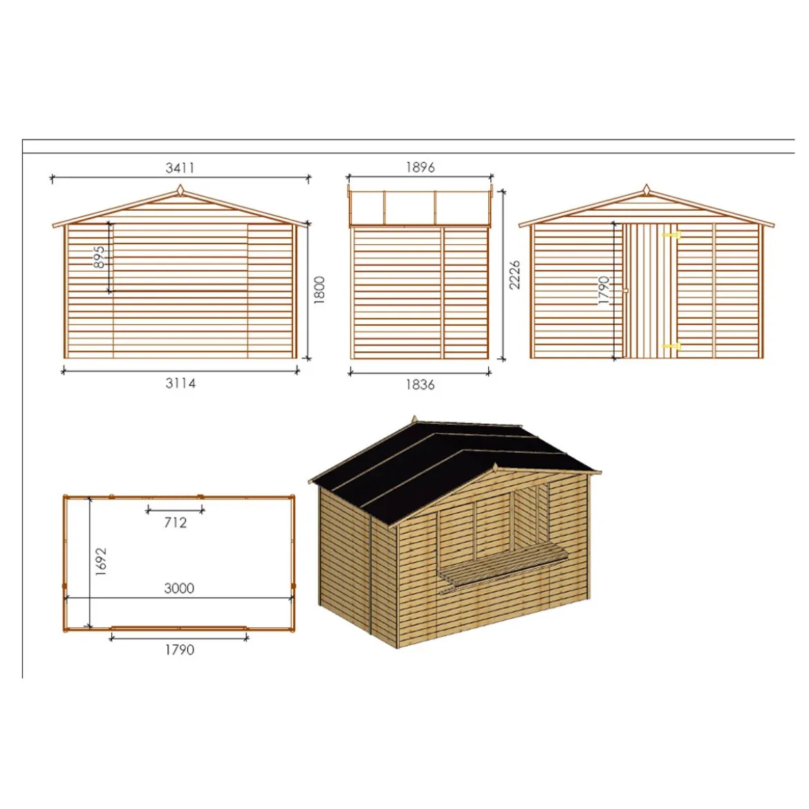 Casetta in Legno 310x180 a Pannelli 19 mm Chiosco Capanno da Giardino Spiaggia