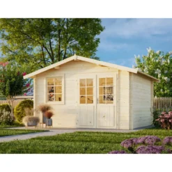 Casetta in Legno 380x320 cm Blockhouse 28 mm Doppia Porta Finestra