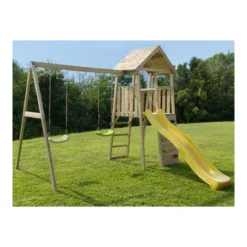 Casetta per Bambini in Legno da Giardino con Scivolo e altalena doppia