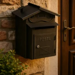 Cassetta Postale Ferro Battuto Nero con Vano Pane e Tetto Apribile