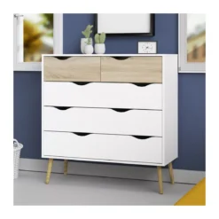 Cassettiera Como 100 Bianco Rovere 5 Cassetti Cassettone Camera Letto Cameretta