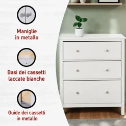 Cassettiera Credenza da Cucina 3 Cassetti in Legno Bianco Moderna