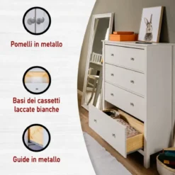 Cassettiera Credenza da Cucina 4 Cassetti in Legno Bianco Moderna