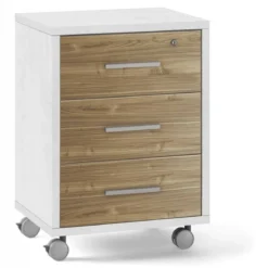 Cassettiera da Scrivania Ruote Bianco Noce 3 Cassetti con Chiave Ufficio