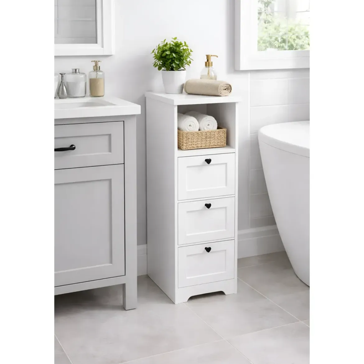 Cassettiera in Legno Bianco Slim 3 Cassetti 1 Ripiano Salvaspazio
