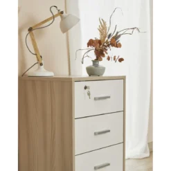 Cassettiera in Legno Olmo Bianca 3 Cassetti con Chiave Ruote Scrivania Ufficio