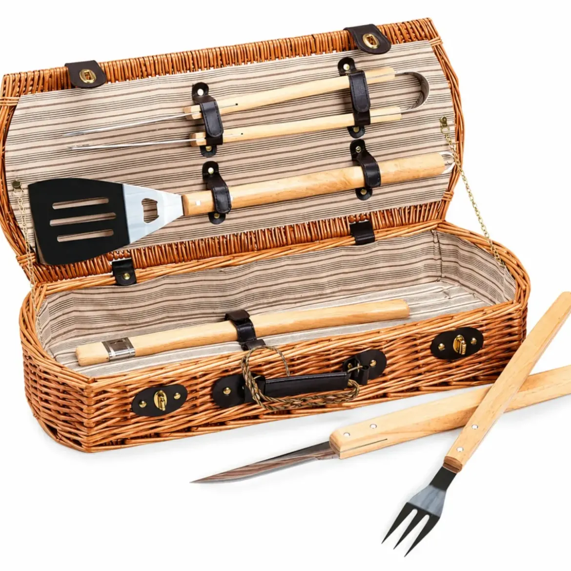 Cesto Barbecue con Set 5 Utensili Valigetta in Vimini per Picnic