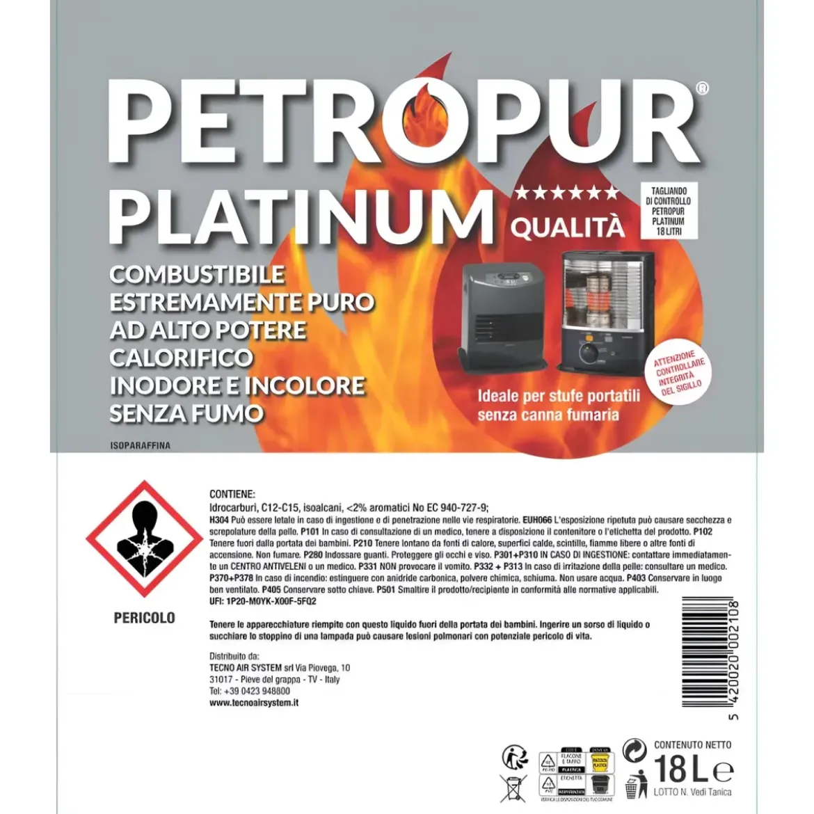 Combustibile Liquido Puro 18L 2 Taniche Riciclabile per Stufe Portatili