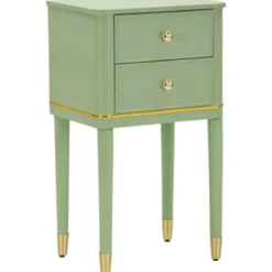 Comodino Camera da Letto 2 Cassetti in Legno Ferro Verde Oro