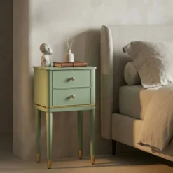 Comodino Camera da Letto 2 Cassetti in Legno Ferro Verde Oro