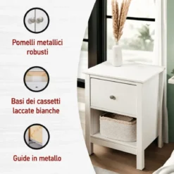 Comodino Camera da Letto con Cassetto Vano Portaoggetti Legno Bianco
