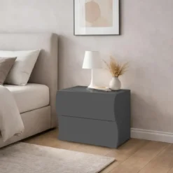 Comodino 2 Cassetti Antracite Opaco in Legno Camera da Letto