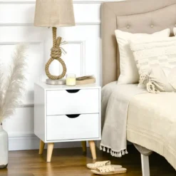 Comodino 2 Cassetti Gambe in Legno Bianco Moderno Camera da Letto