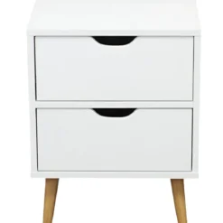 Comodino 2 Cassetti Gambe in Legno Bianco Moderno Camera da Letto