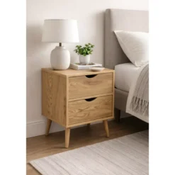 Comodino 2 Cassetti Gambe in Legno Naturale Moderno Camera da Letto