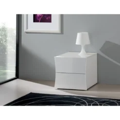 Comodino 2 Cassetti in Legno Bianco Lucido Camera da Letto